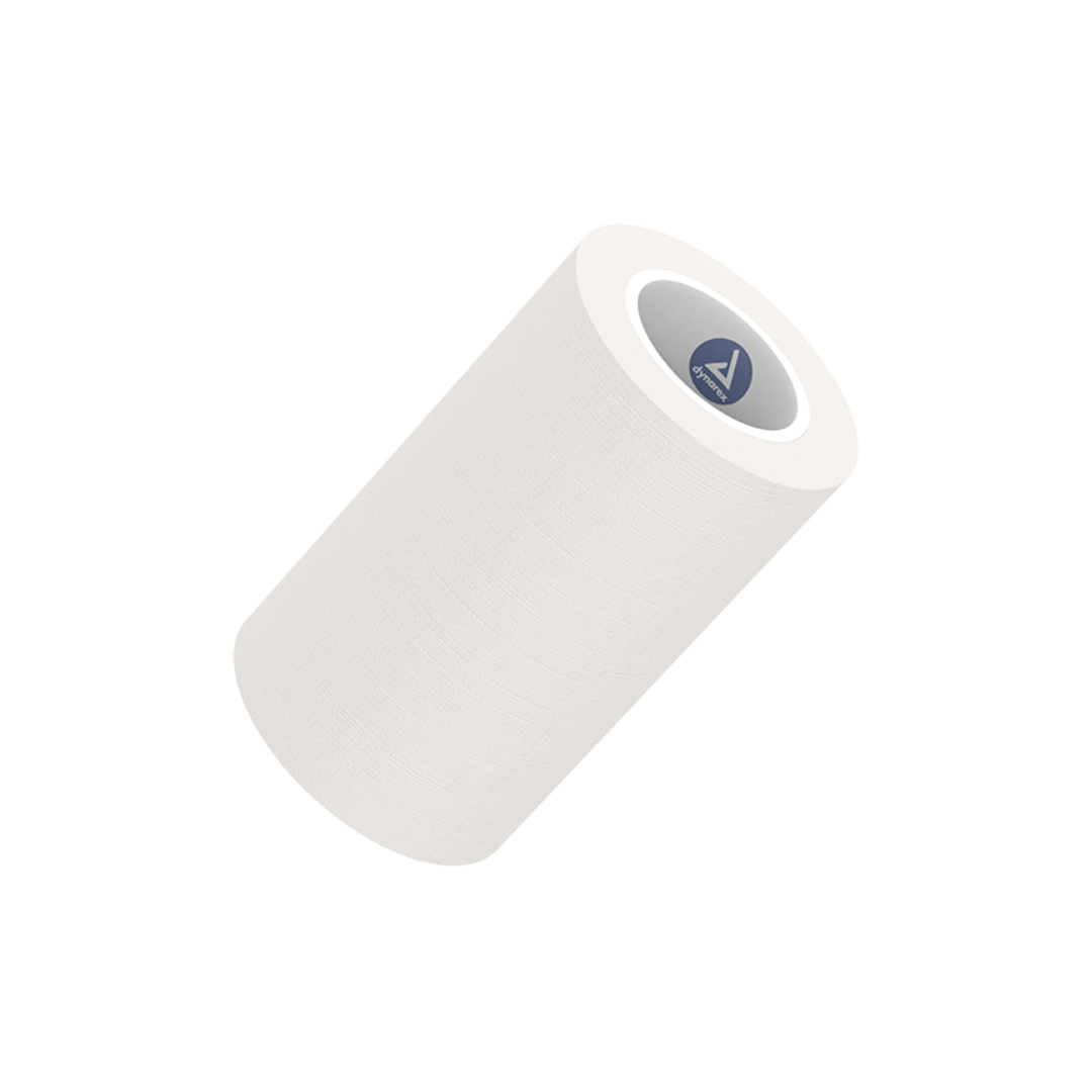 A roll of Dynarex Paper Surgical Tape is shown at an angle on a plain white background, featuring a small blue and white logo in the center of the roll.